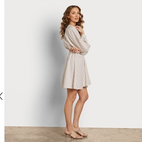 Sam Edelman Emely Cut out Long Sleeve Dress, white and tan stripe size XL New - Picture 2 of 11